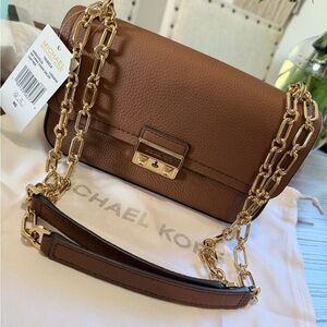Michael Kors Tribeca Leather Shoulder Bag with Gold Chain